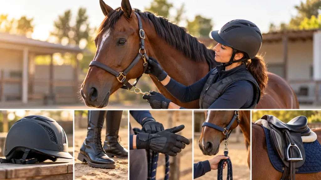 Équipement de sécurité cheval avec casque, gants et manipulation calme