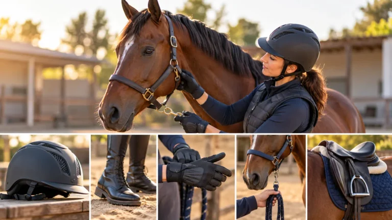 Équipement de sécurité cheval avec casque, gants et manipulation calme