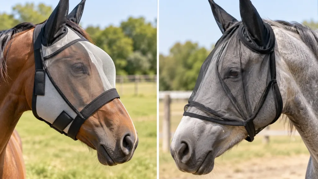Masque anti-mouche cheval : comment bien le choisir et l’utiliser 3 Bon et mauvais ajustement du masque anti-mouche autour des yeux