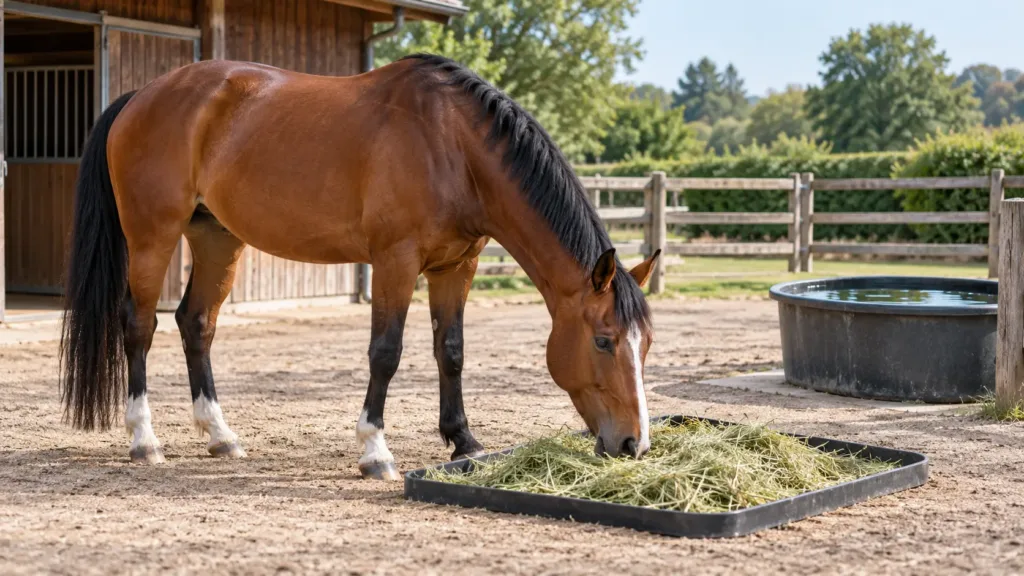 Débuter avec un cheval : 5 erreurs fréquentes à éviter 5 Cheval mangeant du fourrage avec accès à de l’eau propre