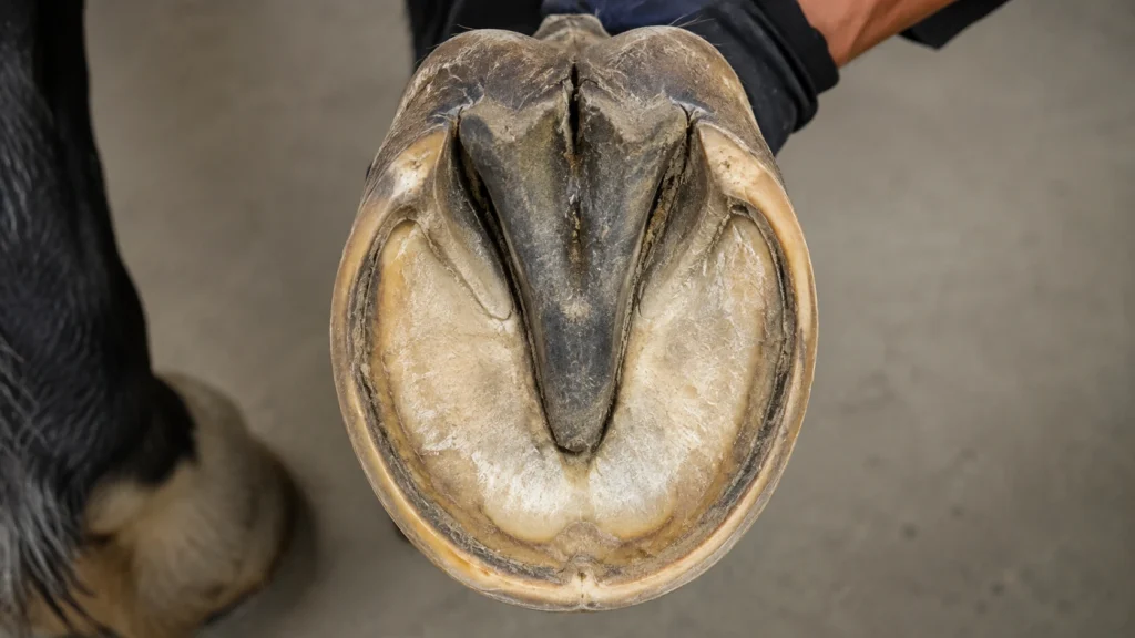 Rôle du sabot chez le cheval : anatomie, fonctions et signes à surveiller 3 Vue solaire du sabot du cheval avec sole, fourchette, barres et ligne blanche