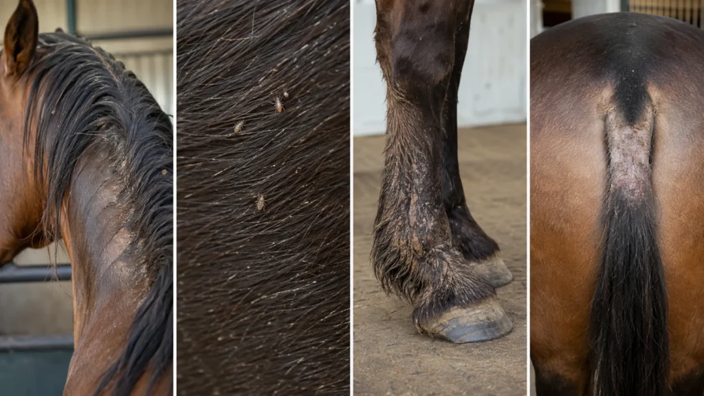Cheval qui se gratte : causes, signes d’alerte et quand s’inquiéter 2 Causes de démangeaisons chez le cheval : dermite estivale, poux, gale et oxyures