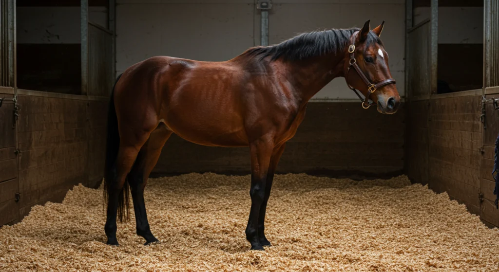 Fourbure chez le cheval : que faire avant l’arrivée du vétérinaire ? 3 Fourbure cheval remède maison avec cheval au repos sur litière profonde