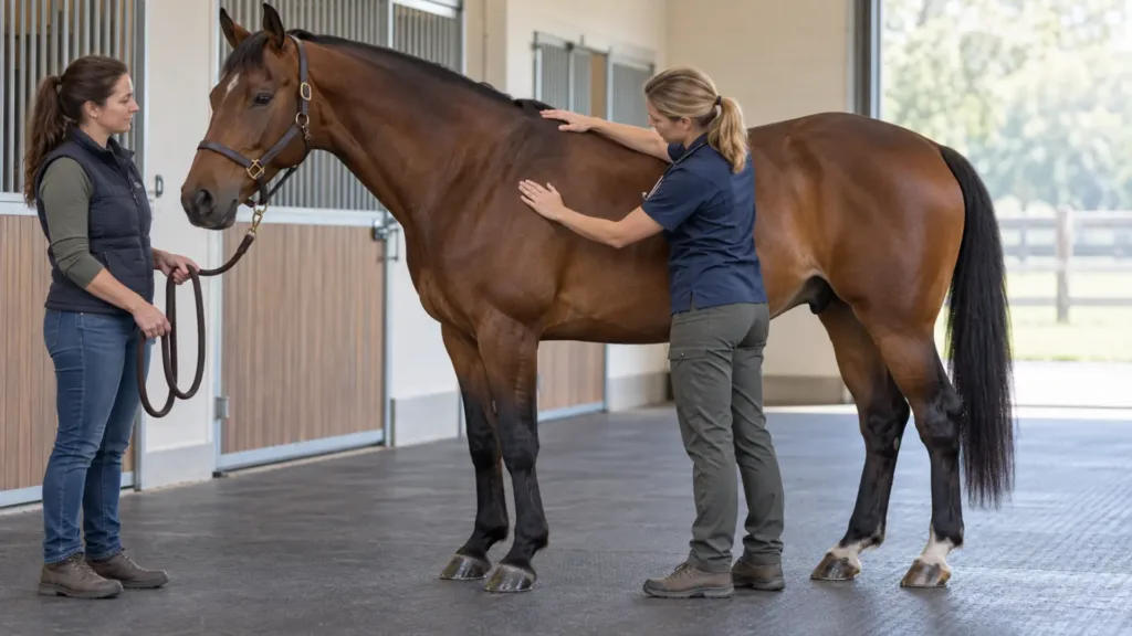 Confiance avec son cheval : 7 clés pour plus de sécurité 6 Examen d’un cheval présentant un changement de comportement pouvant être lié à un inconfort