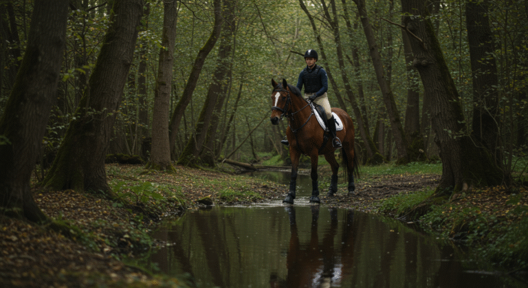 Cheval calme et confiant qui marche en main avec son cavalier