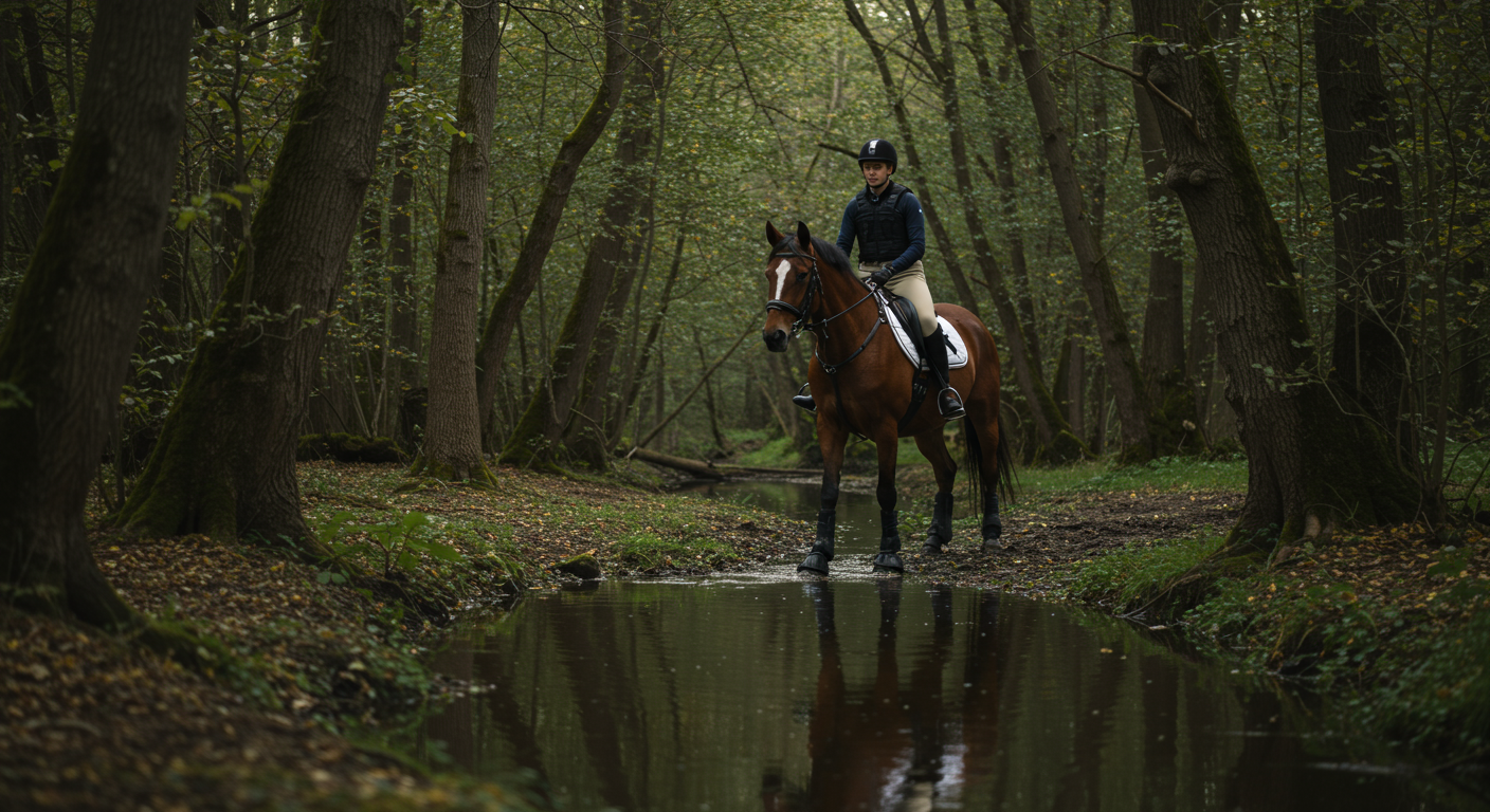 Cheval calme et confiant qui marche en main avec son cavalier