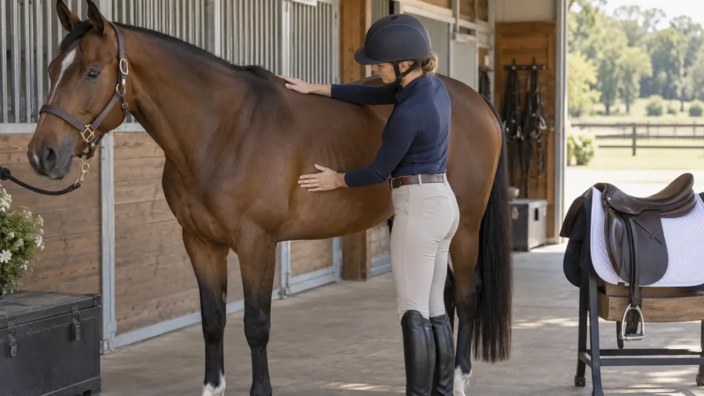 Contrôle du garrot et du dos avant de seller un cheval atteint de dermite