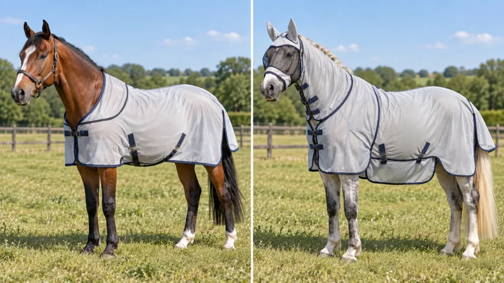 Couverture anti-mouche cheval : comment bien la choisir et l’utiliser 2 Couverture anti-mouches classique et couverture pour dermite estivale