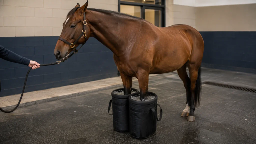 Quand appeler le vétérinaire en cas de fourbure chez le cheval ? 3 Cryothérapie des membres antérieurs d’un cheval atteint de fourbure