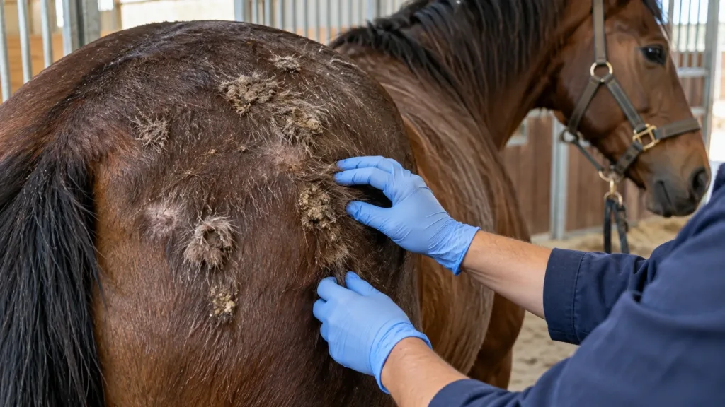 Dermatophilose cheval avec croûtes et poils agglutinés sur la croupe