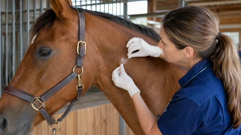 Dermatose cheval examinée par un vétérinaire équin