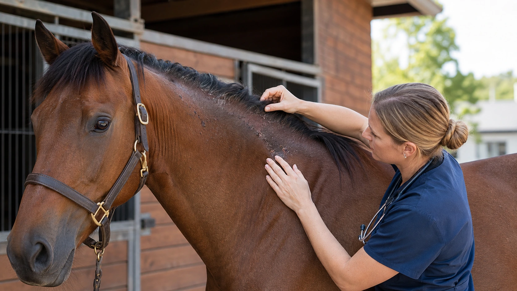 Dermite estivale cheval avec crinière frottée et perte de crins