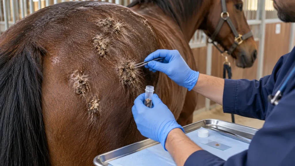 Dermatophilose chez le cheval : symptômes, diagnostic, traitement et prévention 3 Prélèvement vétérinaire pour diagnostiquer la dermatophilose du cheval