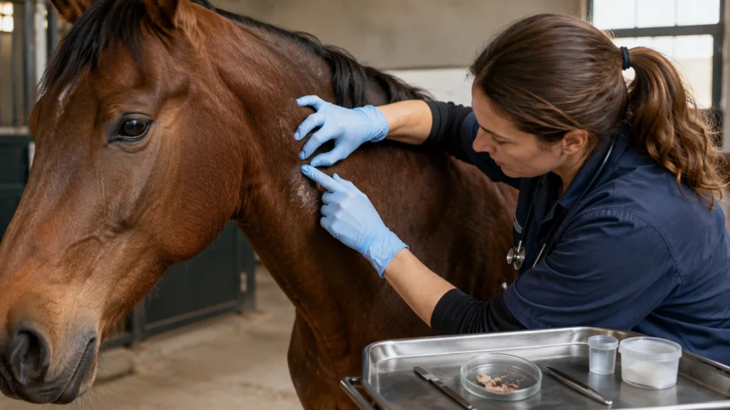 Diagnostic vétérinaire d’une dermatose chez le cheval par examen cutané
