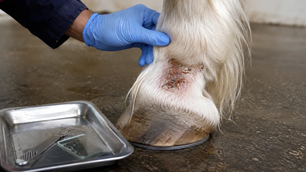 Gale de boue chez le cheval : causes, symptômes, traitement et prévention 3 Diagnostic vétérinaire de la gale de boue par examen du paturon