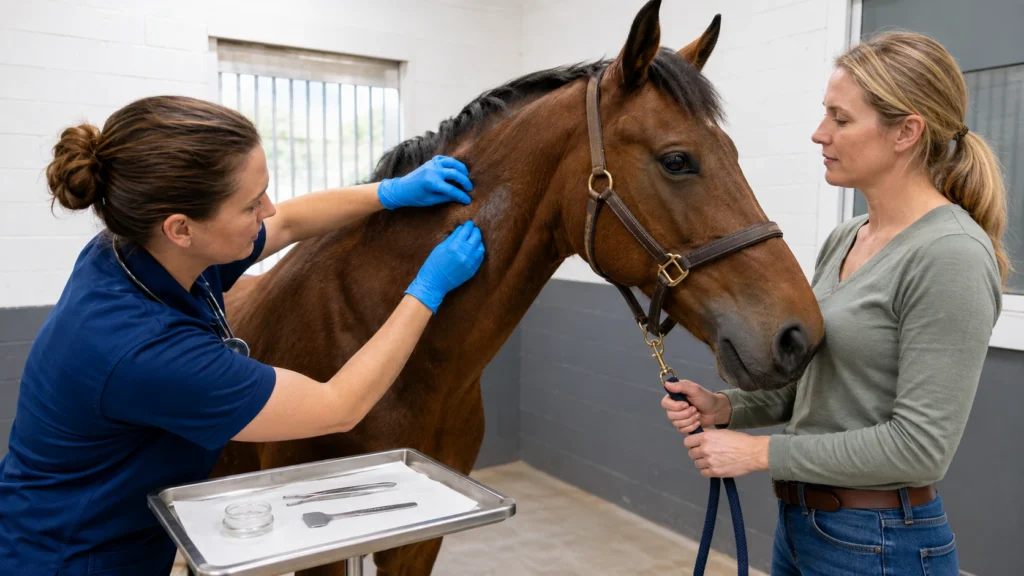 Cheval qui se gratte : causes, signes d’alerte et quand s’inquiéter 4 Examen vétérinaire d’un cheval qui se gratte avec prélèvement cutané