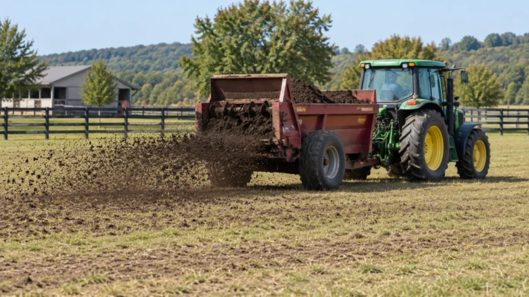 Épandeur à fumier utilisé sur une prairie pour chevaux