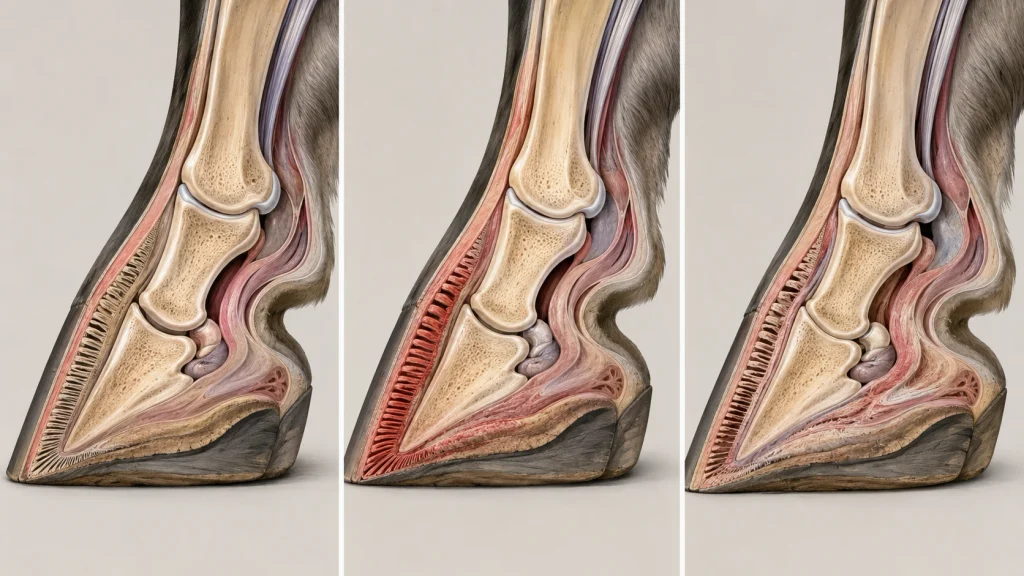 Fourbure aiguë et chronique chez le cheval : différences, évolution et pronostic 2 Évolution du pied normal vers la fourbure aiguë puis chronique chez le cheval