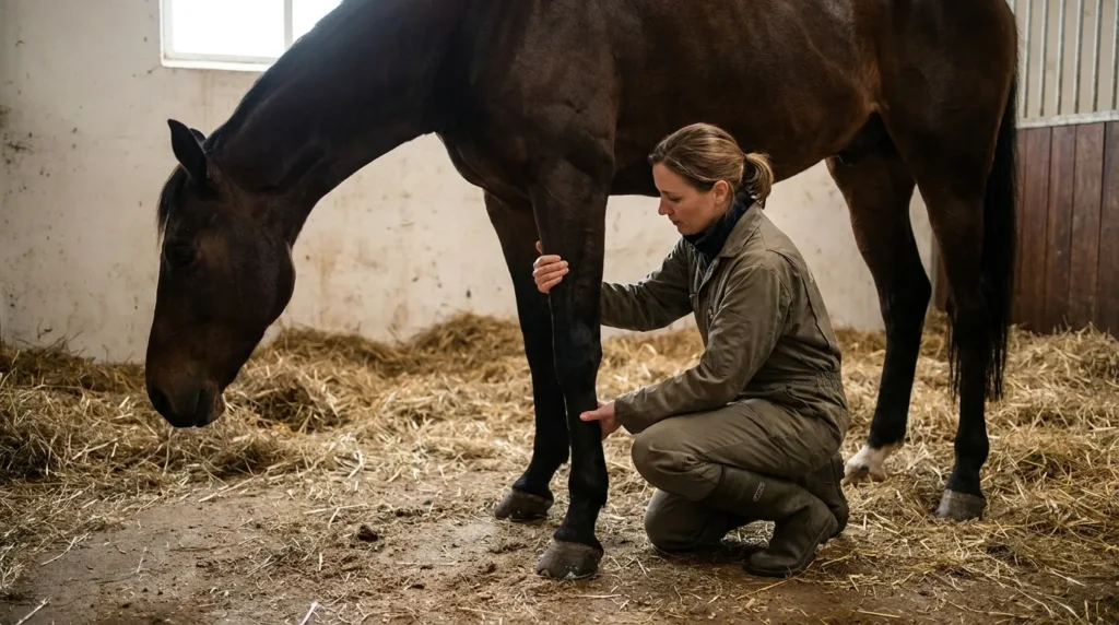 Diagnostic de la fourbure chez le cheval : examen clinique, radiographies et recherche de la cause 2 Vétérinaire contrôlant le pouls digité d’un cheval suspect de fourbure