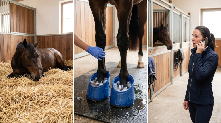 Image en trois colonnes montrant les gestes d’attente en cas de fourbure chez le cheval : litière profonde, refroidissement des pieds et appel au vétérinaire