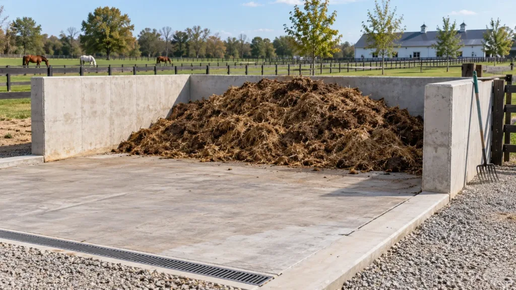 Fumier de cheval stocké correctement dans une écurie