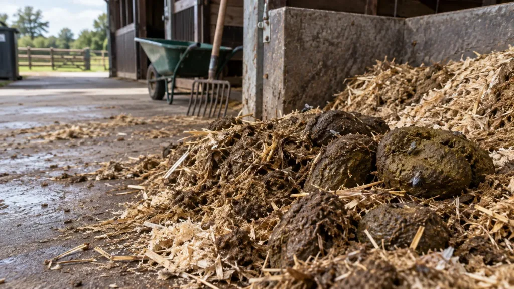 Fumier et hygiène de l’écurie : quel rôle dans les maladies de peau du cheval ? 3 Litière souillée et matière organique humide favorisant certaines mouches