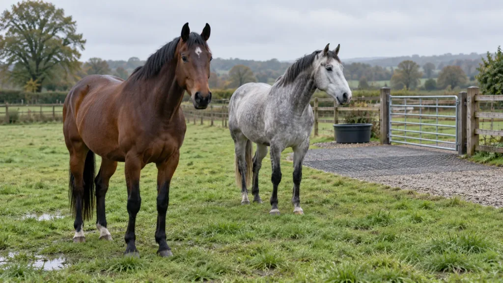 Gestion pâture cheval : limiter boue et humidité pour protéger la peau 2 Gestion pâture cheval après la pluie avec zone bien drainée
