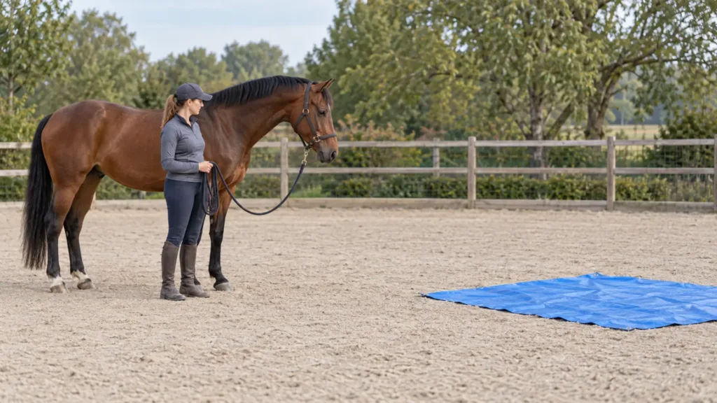 Confiance avec son cheval : 7 clés pour plus de sécurité 5 Cheval découvrant progressivement un objet nouveau avec un manipulateur calme