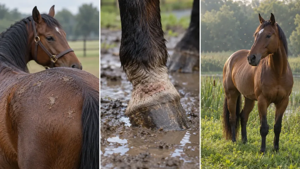 Gestion pâture cheval : limiter boue et humidité pour protéger la peau 3 Humidité et dermatophilose, dermatite du paturon et Culicoides chez le cheval