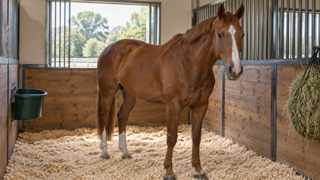Hygiène écurie cheval avec litière propre et sèche