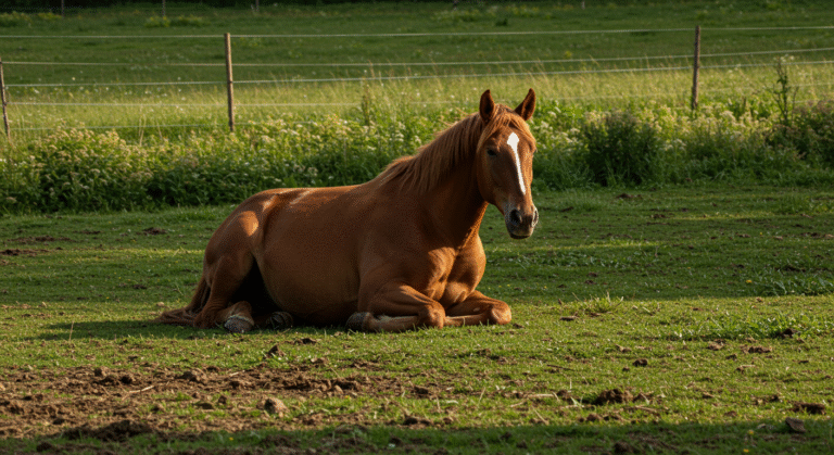 Cheval couché au sol montrant des signes de coliques