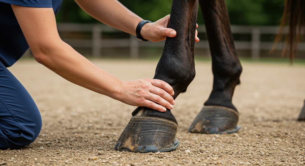 vétérinaire examinant un cheval pour suspicion de fourbure
