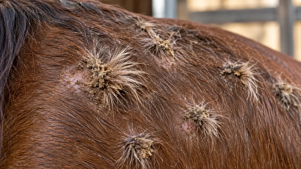 Dermatophilose chez le cheval : symptômes, diagnostic, traitement et prévention 2 Lésions en pinceau caractéristiques de la dermatophilose chez le cheval