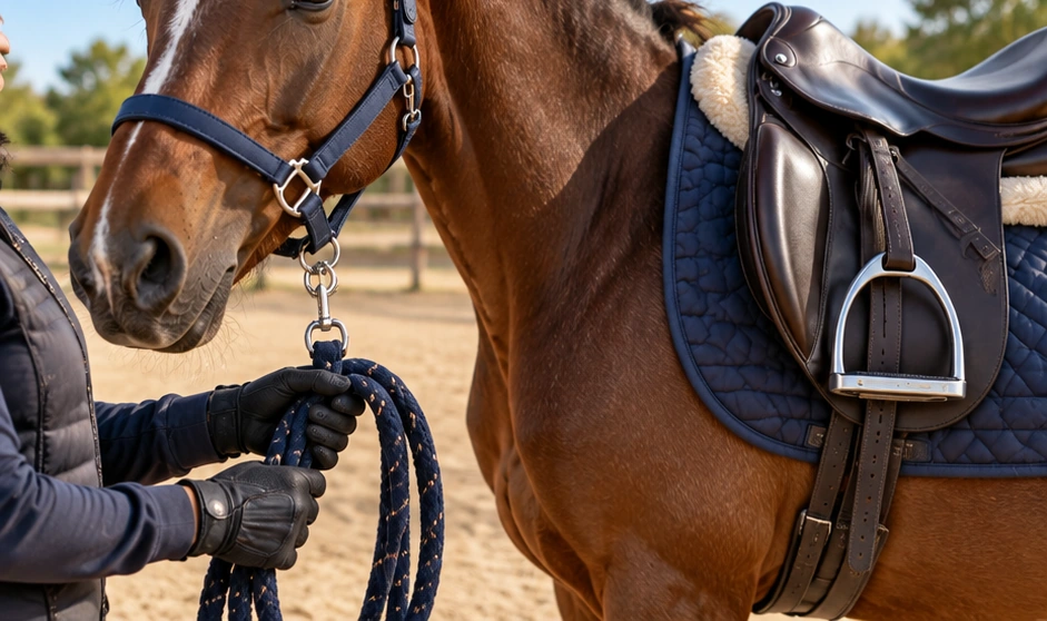 Équipement de sécurité cheval avec casque, gants et manipulation calme