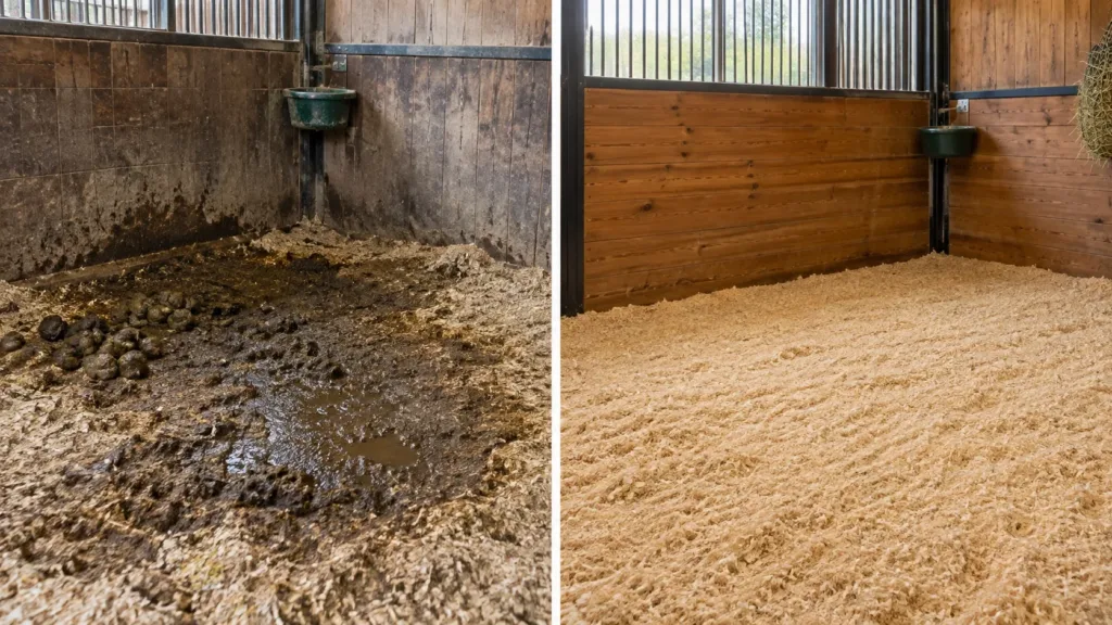 Fumier et hygiène de l’écurie : quel rôle dans les maladies de peau du cheval ? 2 Litière humide et litière propre et sèche dans un box pour cheval