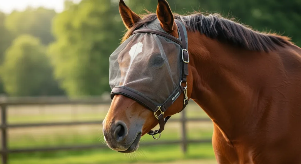Masque anti-mouche cheval porté au pré
