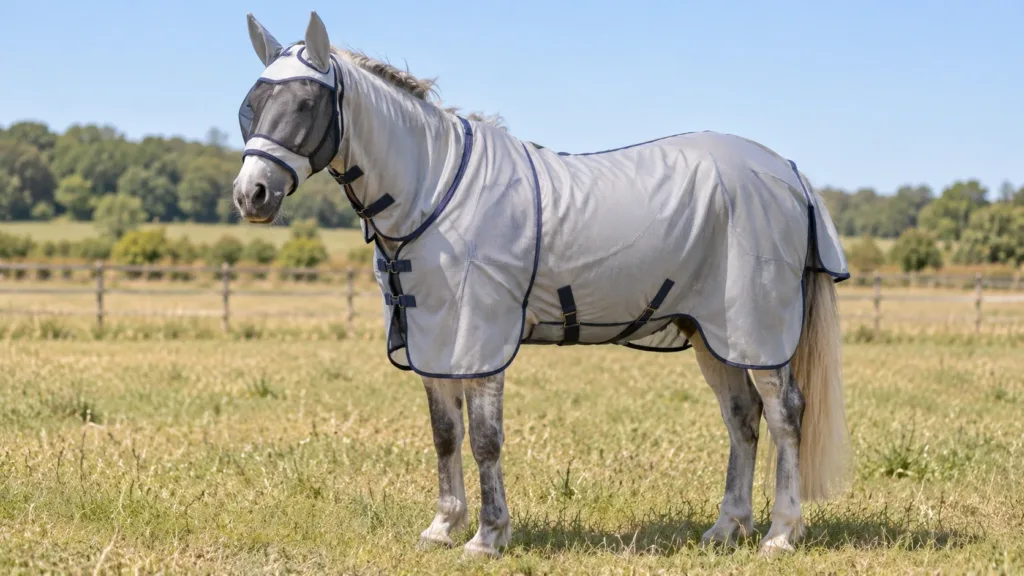 Masque anti-mouche cheval : comment bien le choisir et l’utiliser 4 Masque et couverture anti-mouches chez un cheval atteint de dermite estivale