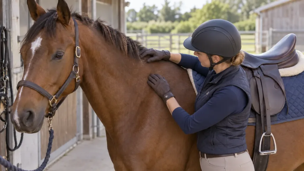 Vérification de la peau avant de monter un cheval atteint de dermite