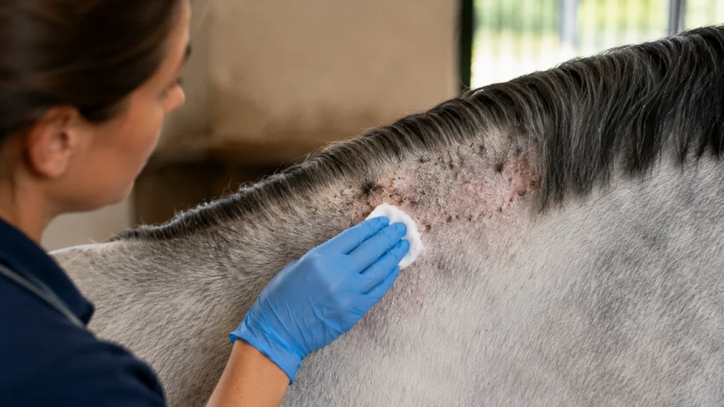 Traitement de la dermite estivale chez le cheval : soins, médicaments et prévention 3 Soins locaux des lésions de dermite estivale chez le cheval