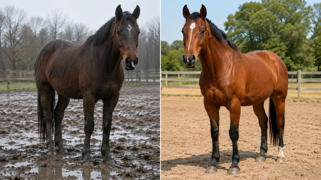 Gale de boue chez le cheval : causes, symptômes, traitement et prévention 4 Paddock humide et paddock drainé pour prévenir la dermatite du paturon