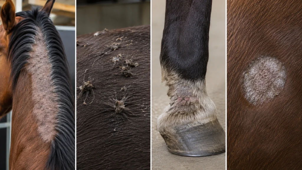 Principales dermatoses du cheval : dermite estivale, dermatophilose, dermatite du paturon et teigne
