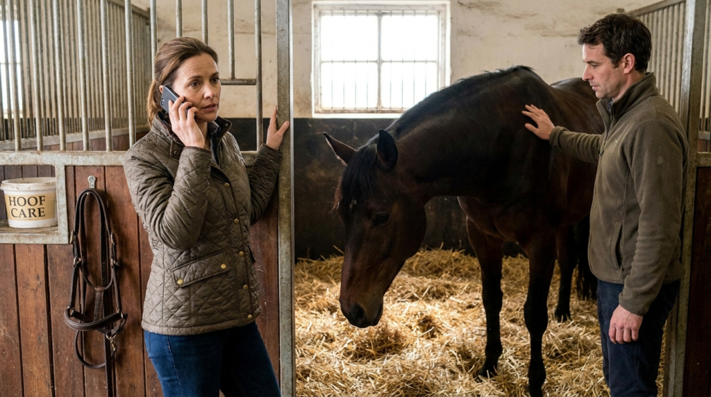 Fourbure chez le cheval : que faire avant l’arrivée du vétérinaire ? 2 Propriétaire appelant le vétérinaire pour un cheval suspect de fourbure