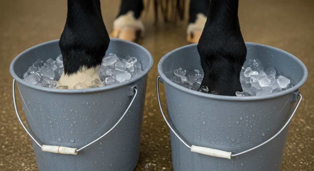 Fourbure chez le cheval : que faire avant l’arrivée du vétérinaire ? 4 Refroidissement des pieds d’un cheval en cas de suspicion de fourbure