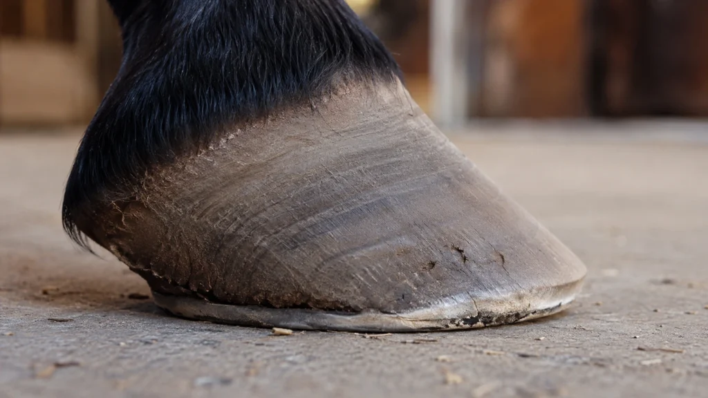 Fourbure aiguë et chronique chez le cheval : différences, évolution et pronostic 4 Sabot présentant des anneaux divergents et une paroi déformée lors de fourbure chronique