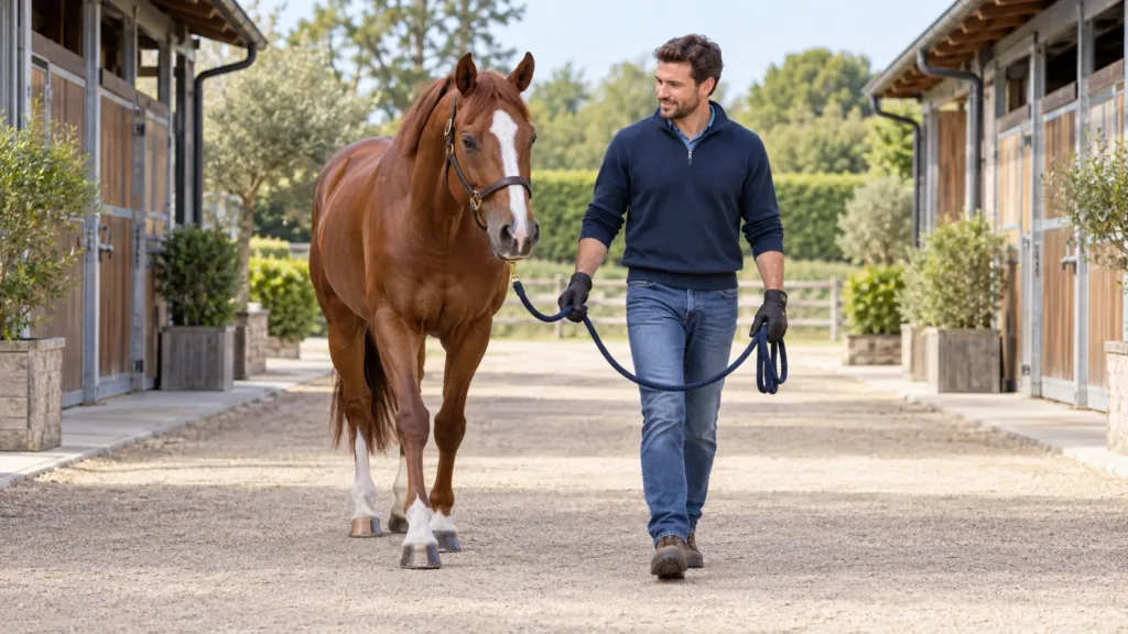 Débuter avec un cheval : 5 erreurs fréquentes à éviter 6 Débutant conduisant un cheval en sécurité avec une longe détendue