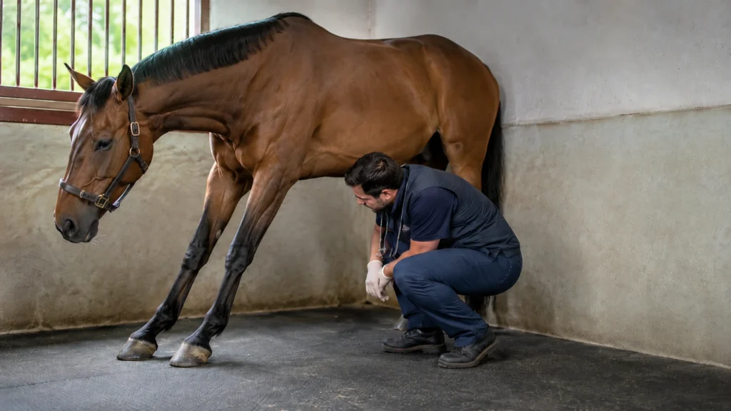 Fourbure aiguë et chronique chez le cheval : différences, évolution et pronostic 3 Cheval présentant une posture antalgique lors d’une fourbure aiguë