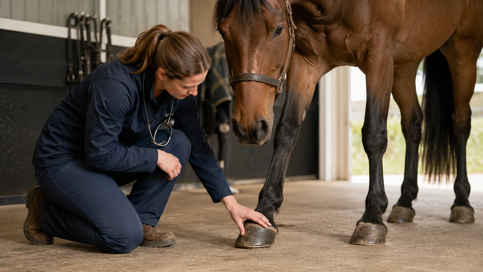 Vétérinaire fourbure cheval examinant les pieds d’un cheval douloureux