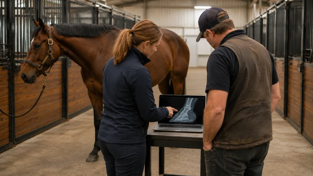 Quand appeler le vétérinaire en cas de fourbure chez le cheval ? 5 Vétérinaire et maréchal-ferrant collaborant sur un cas de fourbure