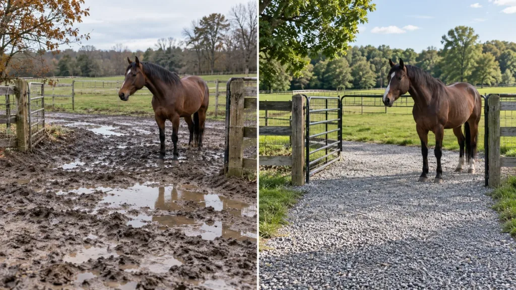 Gestion pâture cheval : limiter boue et humidité pour protéger la peau 4 Zone boueuse et zone stabilisée dans une pâture pour chevaux