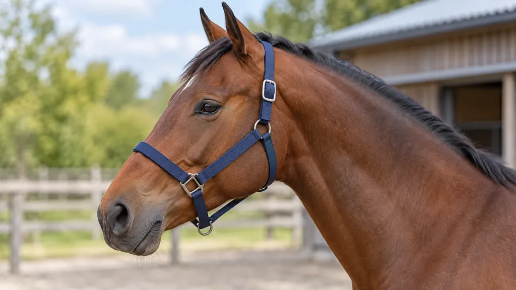 Qu’est-ce qu’un licol ? Définition, rôle et ajustement 2 Licol pour cheval correctement ajusté vu de profil
